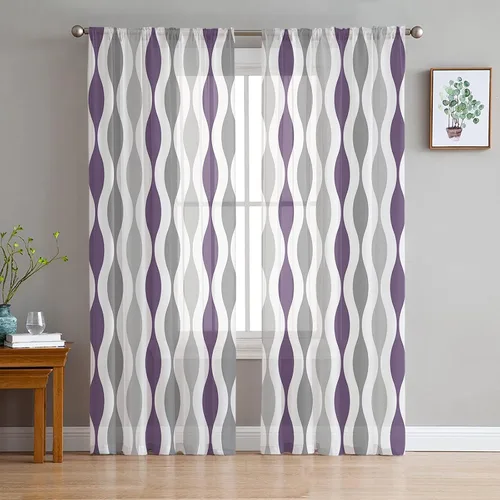 Vista 3 de Cortinas semitraslúcidas modernas de mediados de siglo de 84 pulgadas de largo para decoración de sala de estar, cortinas de gasa con bolsillo