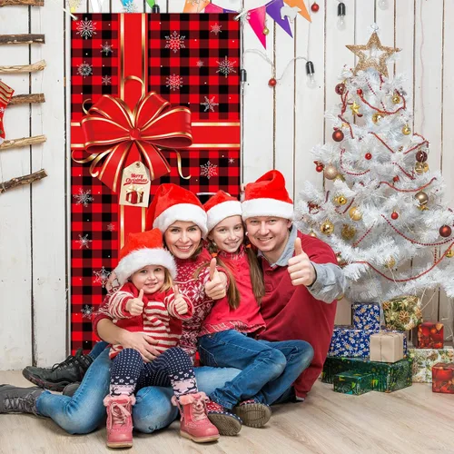 Vista 4 de Cartel de Navidad para puerta, decoración de Feliz Navidad, búfalo a cuadros rojos y negros, telón de fondo de caja de regalo de Navidad, lazo