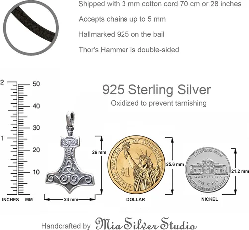 Vista 4 de 925 Sterling Silver Thors Hammer Necklace Handmade Replica - Mjolnir Pendant Necklace with Triquetra - Celtic Norse Nordic Viking Jewelry for Men