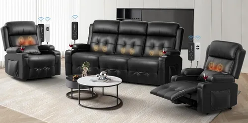 Vista 35 de Sofá reclinable manual de dos plazas, sofá reclinable de pared con masaje, puertos USB y tipo C, almacenamiento, portavasos, sofá RV para sala