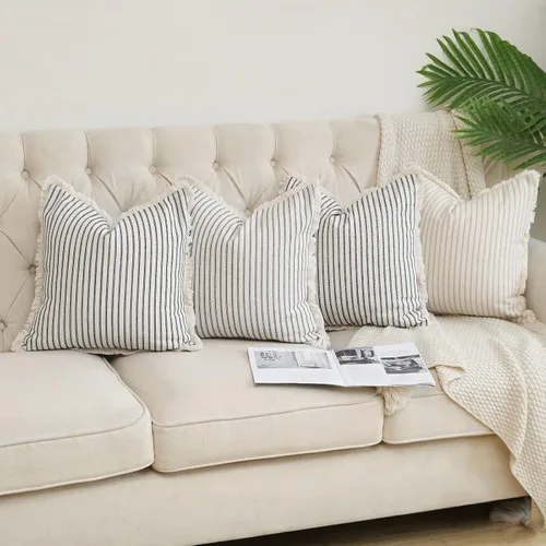 Vista 7 de Hckot Juego de 2 fundas de almohada de 20 x 20 pulgadas, a rayas con flecos, de algodón, decorativas, cuadradas, para sofá, cama, sala de estar