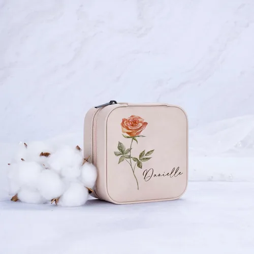 Vista 7 de Joyero de cuero personalizado con mes y nombre de flores de nacimiento coloridas, color blanco, estuche de viaje de joyería personalizado