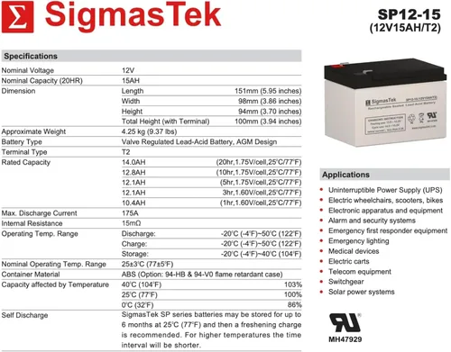 Vista 3 de SigmasTek SW12150 Batería SLA compatible, 12V 15Ah F2 SP12-15 (T2)