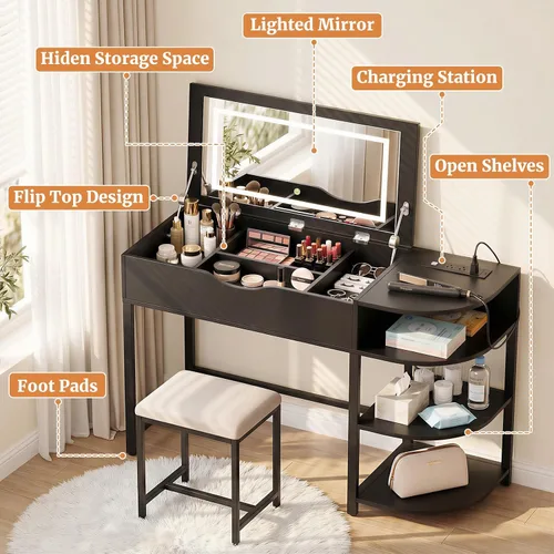 Vista 7 de Cyclysio Escritorio de tocador con espejo abatible y luces, escritorio de maquillaje con cajones, tocador con estantes de almacenamiento y estación