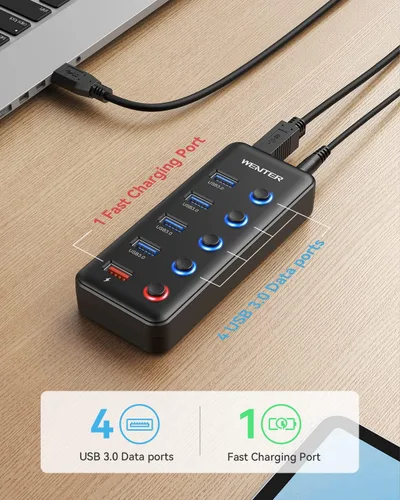 Vista 3 de Wenter Hub USB 3.0 con 5 puertos USB 3.0 (4 puertos de transferencia de datos + 1 puerto de carga inteligente) con interruptores LED individuales