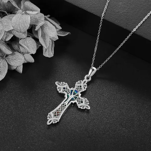 Vista 4 de URONE Delicado collar de cruz para mujer, plata de ley 925, colgante de árbol de la vida, collar con cruz de regalo para mujeres y niñas, Plata