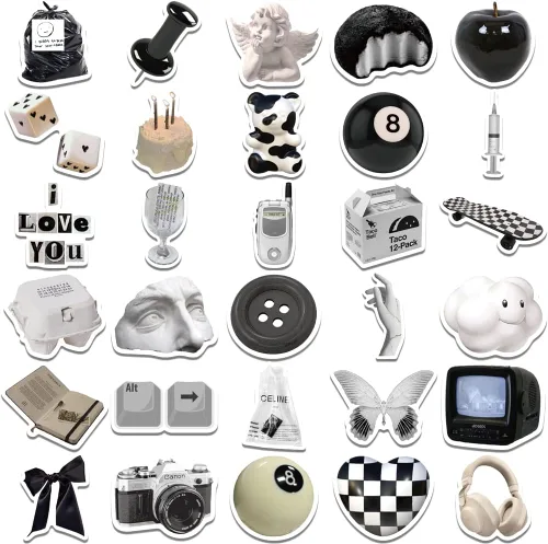 Vista 5 de Calcomanías vintage de estilo de moda en blanco y negro de 61 calcomanías de vinilo para portátiles, computadoras, Hydro Flasks, monopatín y estuche