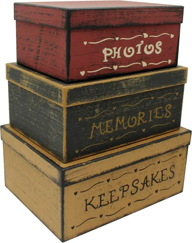 Vista 9 de CVHOMEDECO. Cajas anidadas rectangulares vintage primitivas de cartón “La familia lo es todo”, grandes 12 x 9 x 14 cm. Juego de 3.
