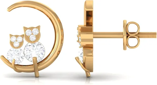 Vista 5 de 0.50 CT Diamond Stud Earrings for Women, Diamond Gold Moon Stud Earrings, Diamond Cat Stud Earrings, April Birthstone Jewelry, 14K Solid Gold
