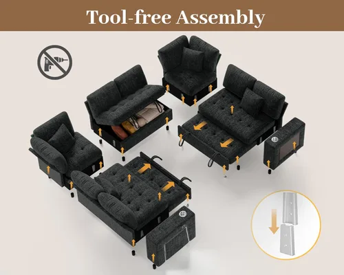 Vista 8 de Sofá modular modular de 8 asientos en forma de L de 111 pulgadas con cama Negro