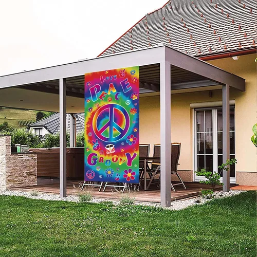 Vista 4 de Pancarta de fondos de amor con texto en inglés "Peace Groovy Love" de 70.8 x 35.4 pulgadas, cartel de decoración de fiesta de carnaval de los años