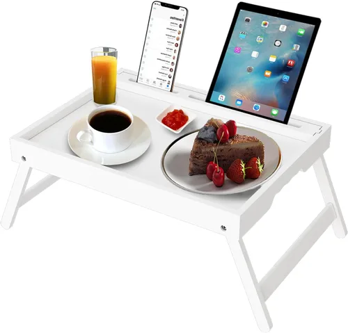 Vista 10 de Bandeja de cama con asas y patas plegables de bambú, bandeja de desayuno con ranura para medios, para usar como plato, escritorio para laptop