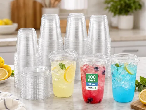 Vista 4 de Oojami 100 Pack 12 oz BPA-Free U-Shaped Cups with Strawless Sip Lids
