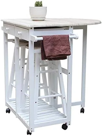 Vista 4 de Juego de mesa de comedor, barra de cocina plegable, carrito de desayuno con hojas colgantes para espacios pequeños, isla de cocina con ruedas