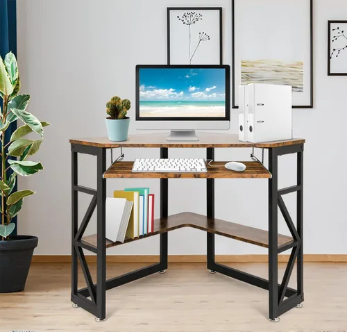 Vista 6 de LUCKYERMORE Escritorio esquinero para espacio pequeño, escritorio triangular para computadora con bandeja para teclado y estantes de almacenamiento