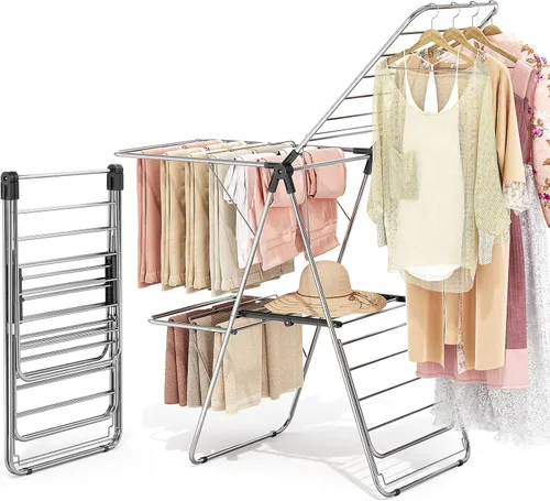 Vista 12 de APEXCHASER Perchero de Ropa, Perchero de Secado de Ropa con Altura Ajustable, Plegable con Alas de Gaviota para Lavandería, Uso