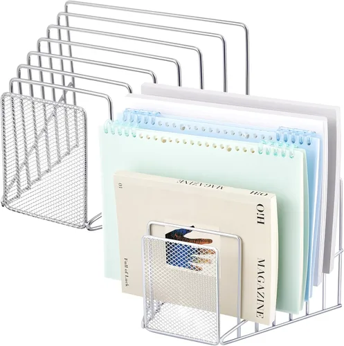 Vista 11 de Organizador de archivos de alambre de 7 secciones para escritorio, soporte de archivos inclinados de malla metálica, estante para carpetas de cartas