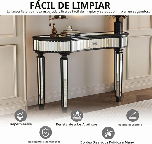 Vista 2 de Mesa Consola Negra con Espejo, Mesa de Sofá de Cristal Rectangular de 48 pulgadas con Elementos Tallados Vintage con Espejo, Muebles de Espejo