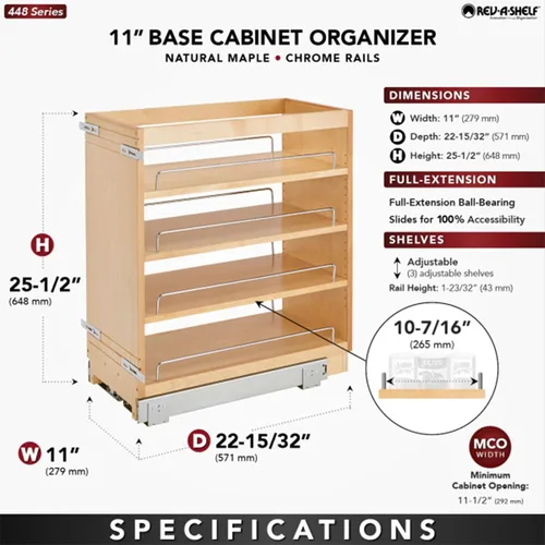 Vista 4 de Rev-A-Shelf Organizador de almacenamiento de armario de cocina extraíble de 11 pulgadas, estante de especias de despensa deslizante con estantes