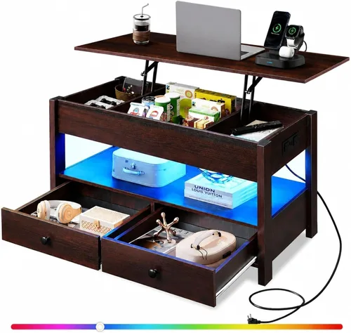 Vista 11 de WLIVE Mesa de Centro, Mesa de Centro con Tapa Elevable con 2 Cajones, Gran Almacenamiento y Estante Abierto, Tapa de Mesa Elevable para Sala de Negro