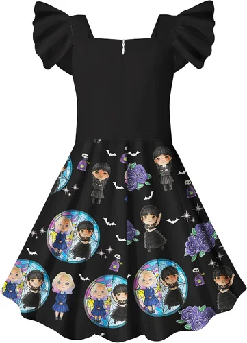 Vista 3 de Bostetion Wednesday Addams - Vestido para niños y niñas, disfraz de familia Addams, vestido de fiesta de cosplay de Halloween, 5-12 años