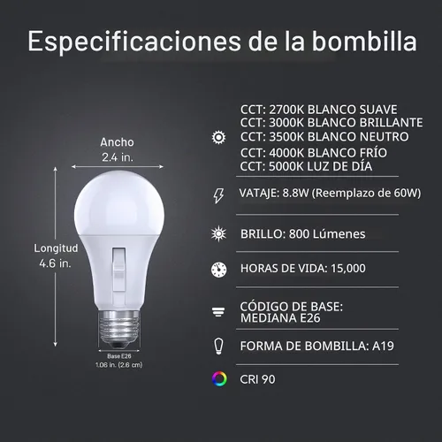 Vista 3 de [Usado] Bombilla LED con sensor de movimiento Feit Electric, A19 equivalente a 60 W, 5CCT, no regulable, base media E26, CRI 90, 800 lúmenes, blanco