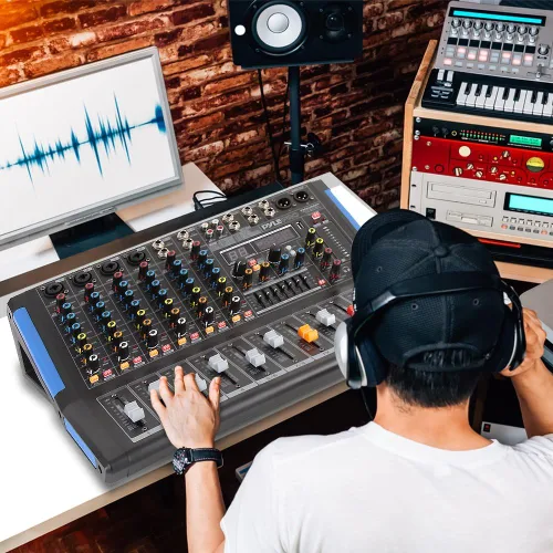 Vista 7 de Pyle Mezclador de audio estilo consola de 8 canales con Bluetooth - Controlador de sonido DJ, 4 entradas XLR / combinado, salida sub, +48V Phantom