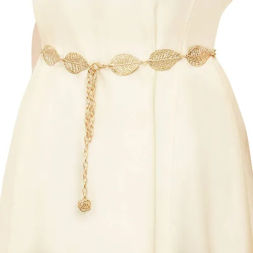 Vista 6 de Coucoland Cinturón de cadena de cintura ajustable para mujer, diseño de hoja de metal para vestido, Oro