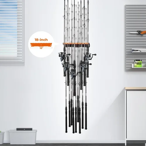 Vista 8 de KastKing V15HD Soporte vertical para caña de pescar resistente – Soporte para caña de pescar montado en la pared, almacena 15 cañas grandes o combos