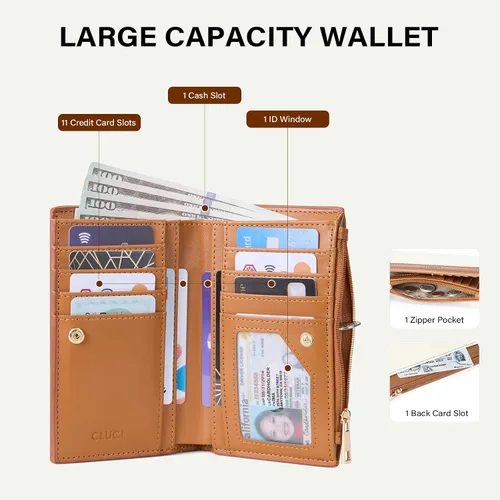 Vista 3 de CLUCI Cartera RFID para mujer de cuero PU pequeña, cartera de mujer con bloqueo, cartera de señoras con bolsillo para tarjetas de crédito, Beige