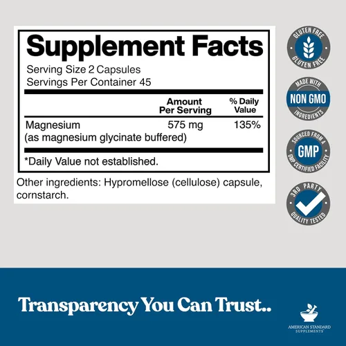 Vista 2 de American Standard Supplements Glicinato de magnesio 575 mg por porción, 90 cápsulas vegetales, suplemento de magnesio para la salud ósea y muscular