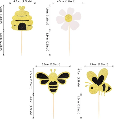 Vista 2 de Paquete de 24 adornos para cupcakes de abejorros con purpurina de abeja, panal, cupcakes, para revelación de género, baby shower, fiesta