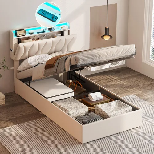 Vista 11 de Fameill - Base de cama tamaño matrimonial con plataforma de almacenamiento abatible, cabecero con altura ajustable y estación de carga, cama