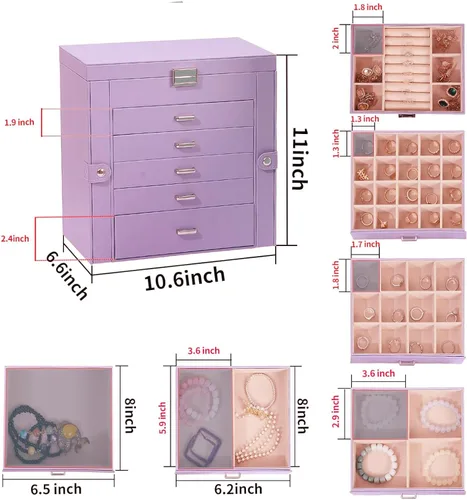 Vista 4 de BOOVO Joyero para mujer, organizador de joyas grande de 6 capas con espejo, caja de almacenamiento multifunción con cerradura, soporte