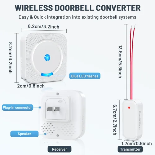 Vista 5 de Extensor de timbre inalámbrico con receptor para timbre con cable existente, convertir timbre con cable en timbre de puerta inalámbrico, rango