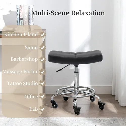 Vista 7 de Taburete con ruedas ajustable con asiento extra ancho, ruedas de goma bloqueables y reposapiés, silla giratoria para cocina, laboratorio, oficina