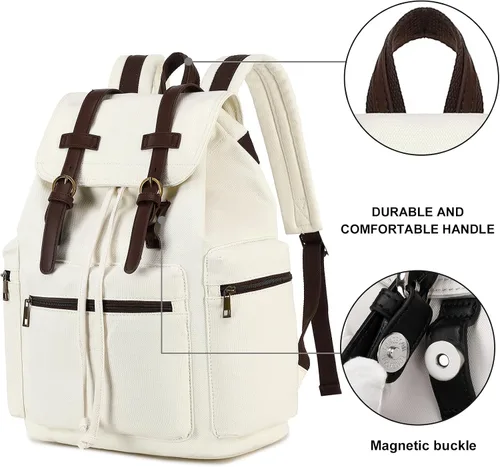 Vista 8 de Bluboon Mochila vintage con ribete de cuero casual para hombres y mujeres, mochila de viaje para computadora portátil