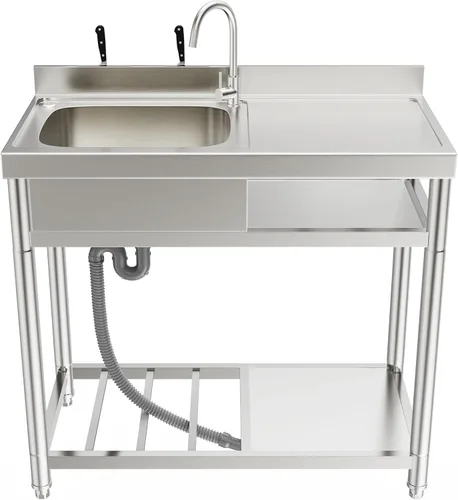 Vista 9 de ROOMTEC Juego de fregadero de acero inoxidable 304, fregadero de cocina de restaurante comercial, fregadero al aire libre con banco de trabajo