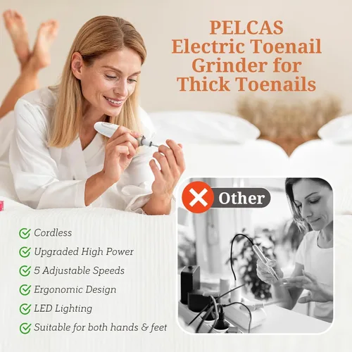 Vista 3 de PELCAS Lijadora Eléctrica de Uñas de los Pies para Uñas Gruesas, Kit de Manicura y Pedicura de 5 Velocidades, Taladro de Uñas Inalámbrico con Luz