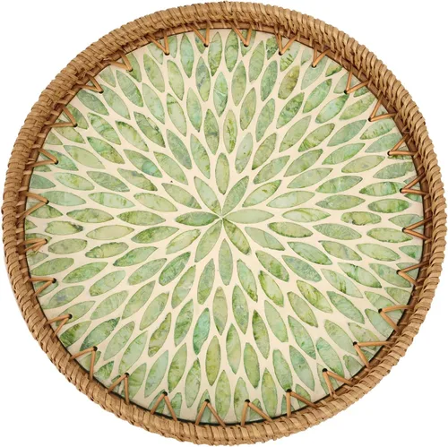 Vista 13 de Bandeja redonda de ratán con incrustaciones de nácar, bandeja de ratán para café, pan, frutas, bandeja decorativa de mimbre para decoración de mesa