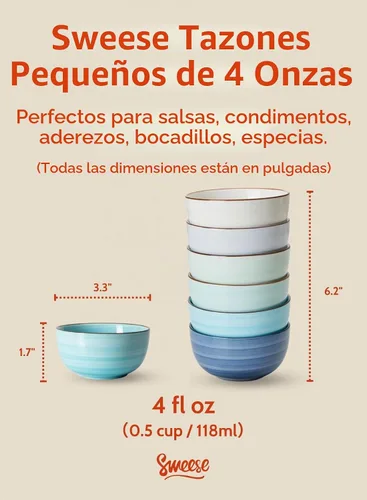 Vista 2 de Sweese Juego de 6 cuencos de porcelana de 4 onzas, mini cuencos para postre, aptos para microondas y lavavajillas, multicolor Colores surtidos