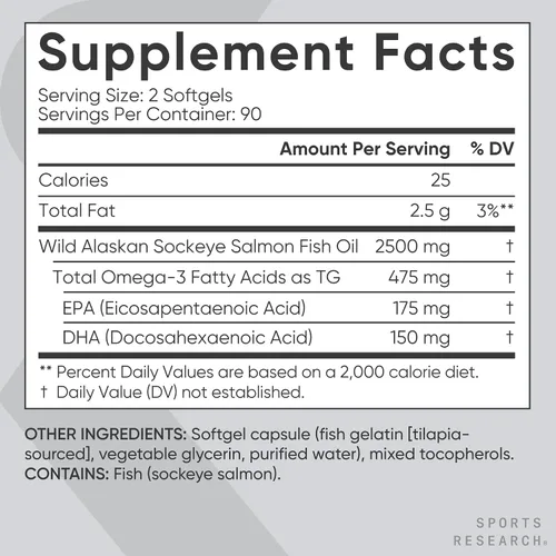 Vista 5 de Sports Research® Aceite de Salmón - Origen Único de Salmón Sockeye Salvaje de Alaska 2500 mg por Porción con Ácidos Grasos EPA y DHA Certificado