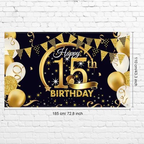 Vista 2 de Decoración de fiesta de cumpleaños número 15, cartel póster de tela extra grande negro y dorado para telón de fondo de cabina de fotos