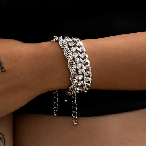 Vista 2 de Octwine Juego de pulseras de diamantes de imitación de moda para mujer, oro y plata, con colgante grueso, cadena apilable, brazalete ajustable