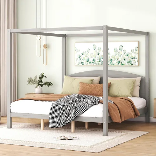 Vista 8 de VilroCaz Cama moderna de plataforma con dosel de tamaño Queen con cabecera capitoné de canal de tapicería, base de cama de metal con 4 carteles
