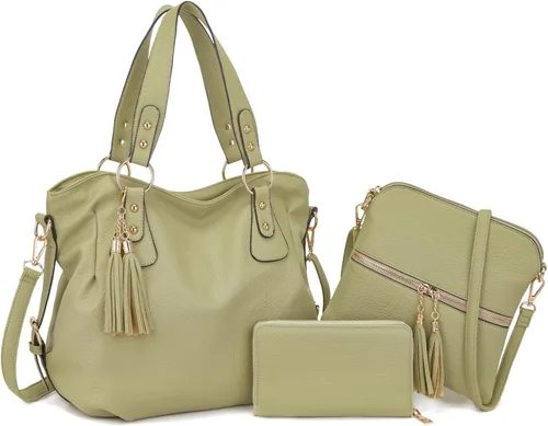 Vista 16 de Qiyuer - Juego de bolsos y carteras para mujer: bolso grande tipo bandolera, bolso tipo hobo y cartera, 3 piezas A01-3pcs/Set Gris