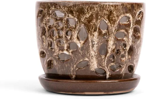 Vista 9 de rePotme Maceta para Orquídeas - Maceta de Cerámica para Orquídeas de 5 Pulgadas con Recorte Floral y Agujeros (Crema sobre Algodón de Azúcar)