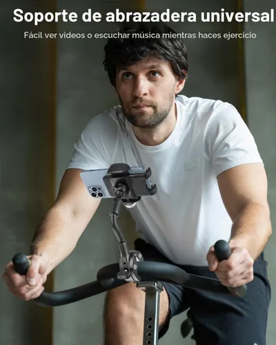 Vista 2 de Soporte de teléfono giratorio de cuello de cisne, soporte para teléfono celular, abrazadera de manillar de bicicleta estática para bicicleta