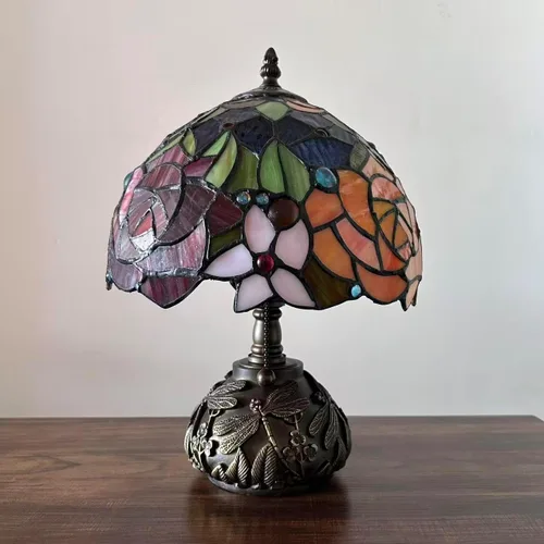 Vista 5 de Tiffany - Lámpara de mesa con diseño de flores, color rojo, naranja y azul, incluye base de libélula para sala de estar, dormitorio, mesita