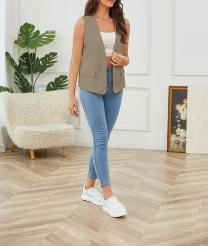 Vista 8 de YWS - Chalecos de moda para mujer, casual, sin mangas, con cuello en V, chaleco de lino y algodón